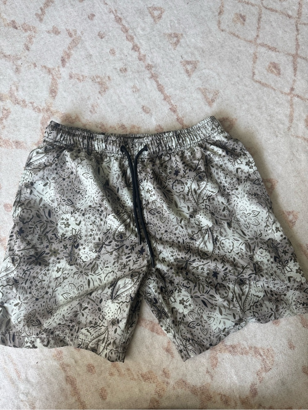 Members Only Light Gray Floral Swim Trunks with Black Drawstring